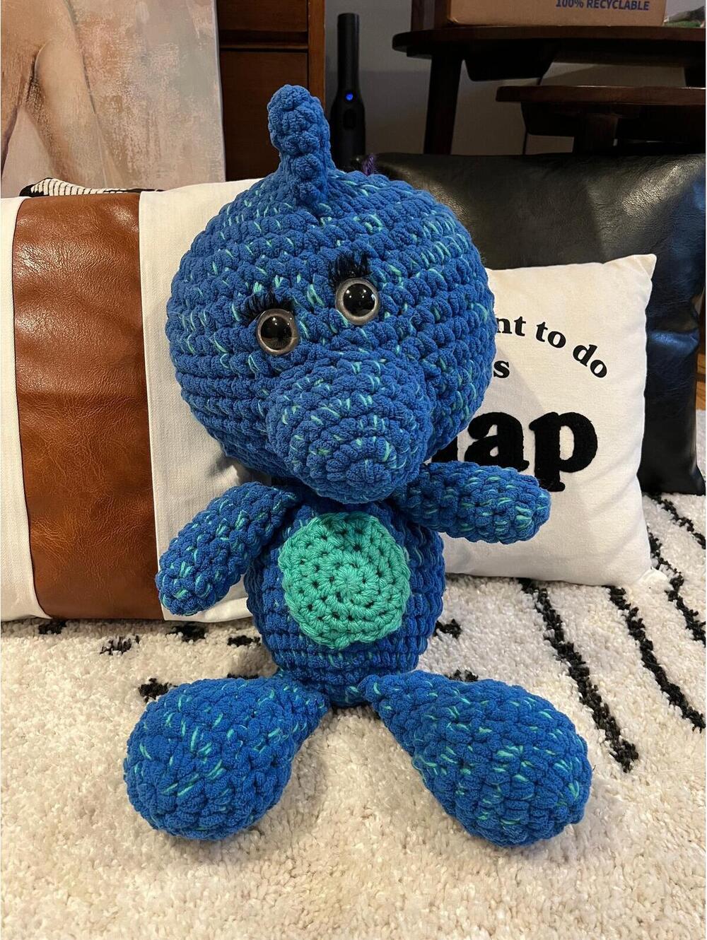 Handmade Crochet Dinosaur Plush Blue Green Amigurumi - Missing Eyelashes!
